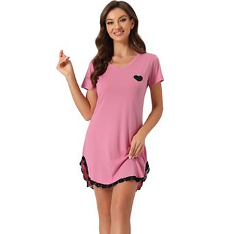 Women's Pajama Dress Lace Trim V-neck Short Sleeves Lounge Nightgowns