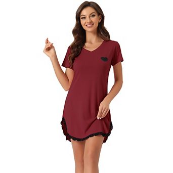 Women's Pajama Dress Lace Trim V-neck Short Sleeves Lounge Nightgowns
