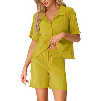 Women's Short Sleeve Button Down Shirt And Shorts Casual Outfits Loungewear
