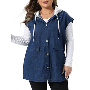 Plus Size Denim Jackets For Women Drawstring Hood Utility Long Jean Jacket Vests