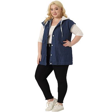 Plus Size Denim Jackets For Women Drawstring Hood Utility Long Jean Jacket Vests