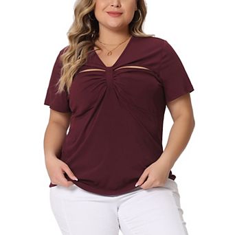 Plus Size Top For Women Ribbed Knit Cutout Twist Knot Neckline Short Sleeve Tee Shirt
