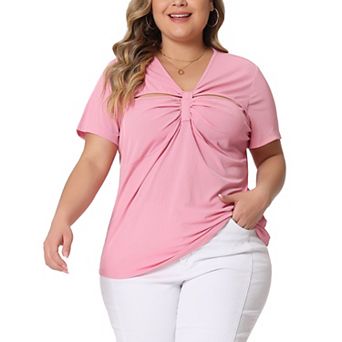 Plus Size Top For Women Ribbed Knit Cutout Twist Knot Neckline Short Sleeve Tee Shirt