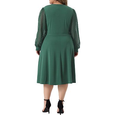 Plus Size Dresses For Women Long Sleeve Swiss Dots Wrap V Neck Formal Knee Length Dress