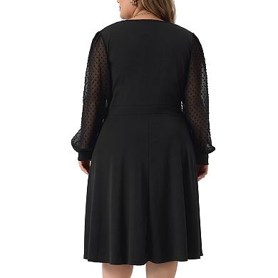 Plus Size Dresses for Women Long Sleeve Swiss Dots Wrap V Neck Formal Knee Length Dress