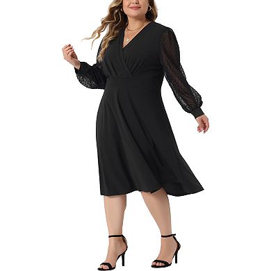 Plus Size Dresses for Women Long Sleeve Swiss Dots Wrap V Neck Formal Knee Length Dress