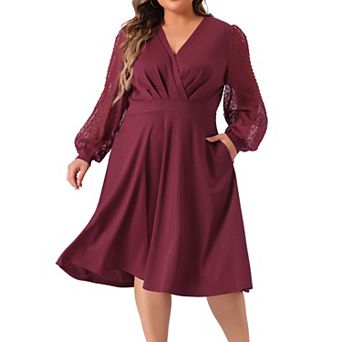 Plus Size Dresses For Women Long Sleeve Swiss Dots Wrap V Neck Formal Knee Length Dress