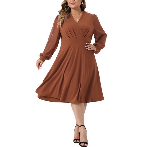 Plus Size Dresses For Women Long Sleeve Swiss Dots Wrap V Neck Formal Knee  Length Dress
