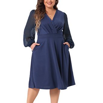 Plus Size Dresses For Women Long Sleeve Swiss Dots Wrap V Neck Formal Knee Length Dress
