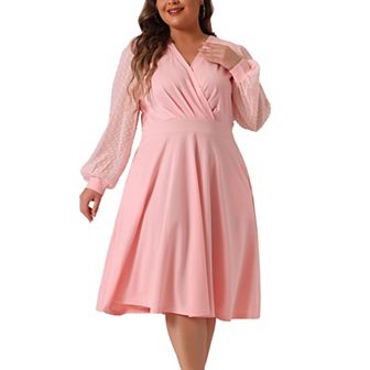 Plus Size Dresses For Women Long Sleeve Swiss Dots Wrap V Neck Formal Knee Length Dress