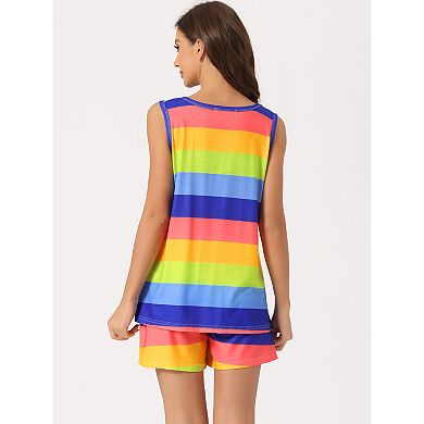 Women's Lounge Outfits With Pockets Rainbow Tank Tops With Shorts Stripe Pajama Sets