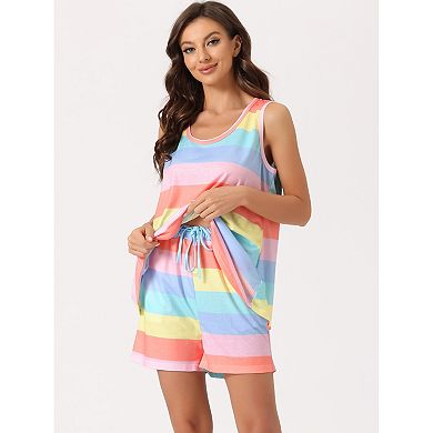 Women's Lounge Outfits with Pockets Rainbow Tank Tops with Shorts Stripe Pajama Sets
