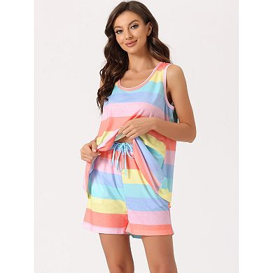 Women's Lounge Outfits With Pockets Rainbow Tank Tops With Shorts Stripe Pajama Sets