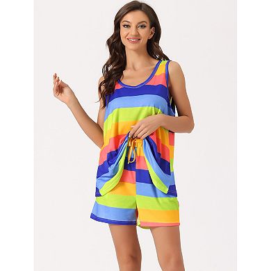 Women's Lounge Outfits With Pockets Rainbow Tank Tops With Shorts Stripe Pajama Sets