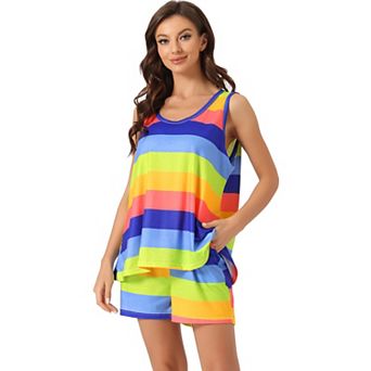 Women's Lounge Outfits With Pockets Rainbow Tank Tops With Shorts Stripe Pajama Sets
