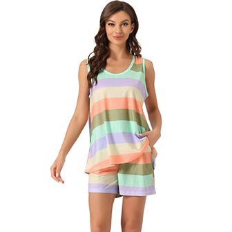 Women's Lounge Outfits With Pockets Rainbow Tank Tops With Shorts Stripe Pajama Sets