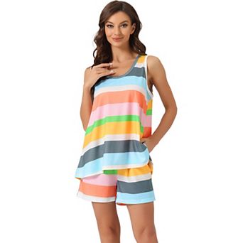 Women's Lounge Outfits With Pockets Rainbow Tank Tops With Shorts Stripe Pajama Sets