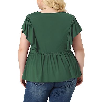 Plus Size Tops For Women V Neck Ruffle Sleeve Pleated Peplum Blouse