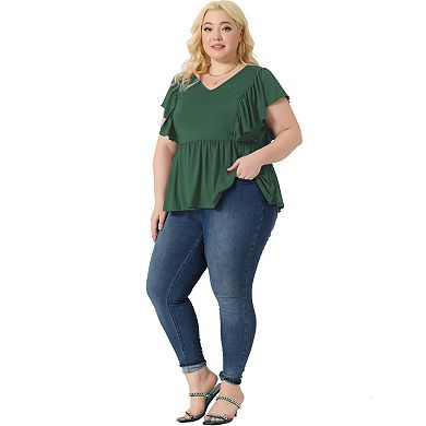 Plus Size Tops For Women V Neck Ruffle Sleeve Pleated Peplum Blouse