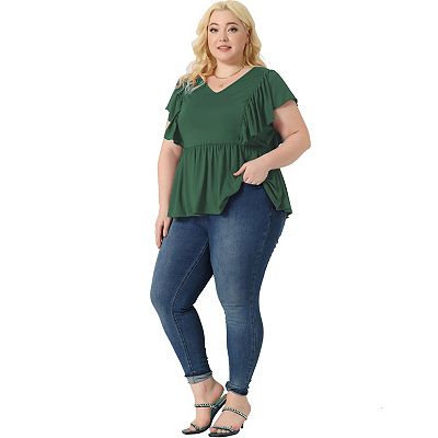 Plus Size Tops For Women V Neck Ruffle Sleeve Pleated Peplum