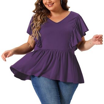 Plus Size Tops For Women V Neck Ruffle Sleeve Pleated Peplum Blouse
