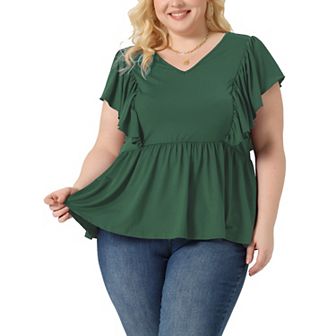 Plus Size Tops For Women V Neck Ruffle Sleeve Pleated Peplum Blouse