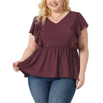 Plus Size Tops For Women V Neck Ruffle Sleeve Pleated Peplum Blouse