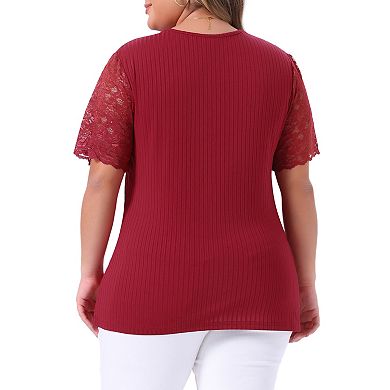 Plus Size Summer Tops For Women V Neck Short Sleeve Lace Ribbed Knit Tunic Blouse