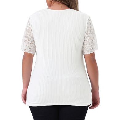 Plus Size Summer Tops For Women V Neck Short Sleeve Lace Ribbed Knit Tunic Blouse