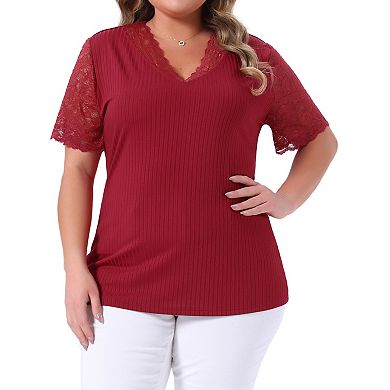 Plus Size Summer Tops For Women V Neck Short Sleeve Lace Ribbed Knit Tunic Blouse