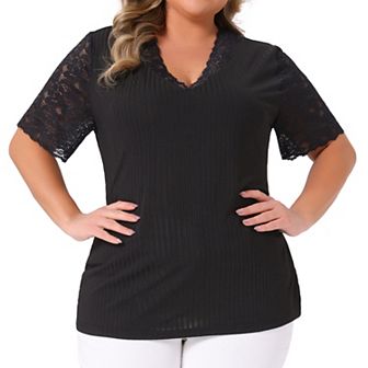 Plus Size Summer Tops for Women V Neck Short Sleeve Lace Ribbed Knit Tunic Blouse
