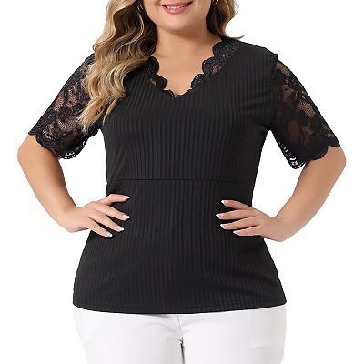 Plus Size Summer Tops for Women V Neck Short Sleeve Lace Ribbed Knit Tunic Blouse