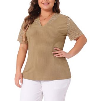 Plus Size Summer Tops for Women V Neck Short Sleeve Lace Ribbed Knit Tunic Blouse