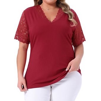 Plus Size Summer Tops For Women V Neck Short Sleeve Lace Ribbed Knit Tunic Blouse