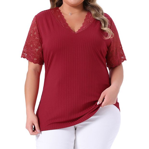 Plus Size Summer Tops For Women V Neck Short Sleeve Lace Ribbed