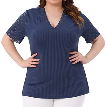 Plus Size Summer Tops For Women V Neck Short Sleeve Lace Ribbed Knit Tunic Blouse