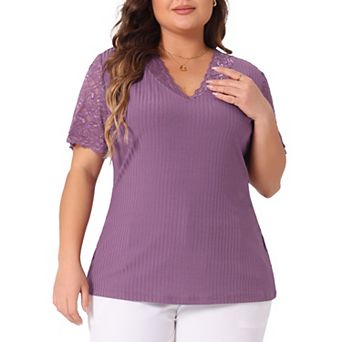 Plus Size Summer Tops for Women V Neck Short Sleeve Lace Ribbed Knit Tunic Blouse