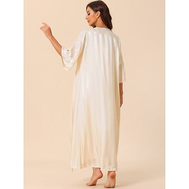 Women's Satin 2pcs Pajamas Silky 3/4 Sleeves Stripe Lounge Nightgowns With Robes