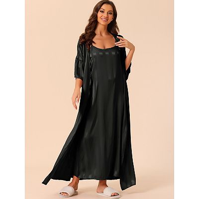 Women s Satin 2pcs Pajamas Silky 3 4 Sleeves Stripe Lounge Nightgowns With Robes