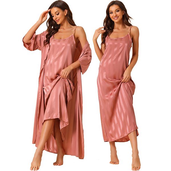 Women's Satin 2pcs Pajamas Silky 3/4 Sleeves Stripe Lounge Nightgowns