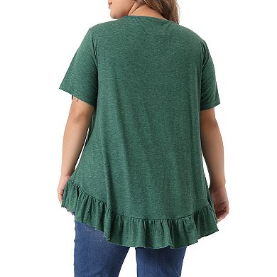Plus Size T Shirts for Women V Neck Button Up Short Sleeve Ruffled Hem Blouse Tops