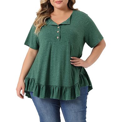 Plus Size T Shirts for Women V Neck Button Up Short Sleeve Ruffled Hem Blouse Tops