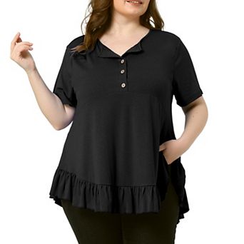 Plus Size T Shirts for Women V Neck Button Up Short Sleeve Ruffled Hem Blouse Tops