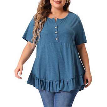 Plus Size T Shirts for Women V Neck Button Up Short Sleeve Ruffled Hem Blouse Tops