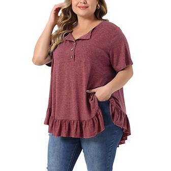 Plus Size T Shirts for Women V Neck Button Up Short Sleeve Ruffled Hem Blouse Tops