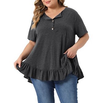 Plus Size T Shirts for Women V Neck Button Up Short Sleeve Ruffled Hem Blouse Tops