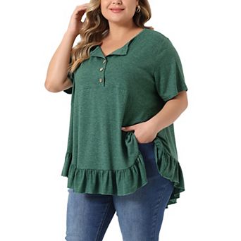 Plus Size T Shirts for Women V Neck Button Up Short Sleeve Ruffled Hem Blouse Tops