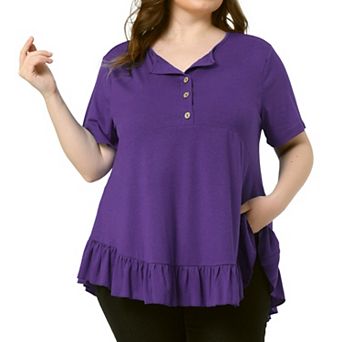 Plus Size T Shirts for Women V Neck Button Up Short Sleeve Ruffled Hem Blouse Tops