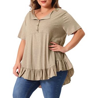 Plus Size T Shirts for Women V Neck Button Up Short Sleeve Ruffled Hem Blouse Tops