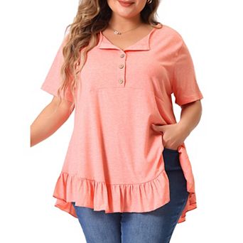 Plus Size T Shirts for Women V Neck Button Up Short Sleeve Ruffled Hem Blouse Tops